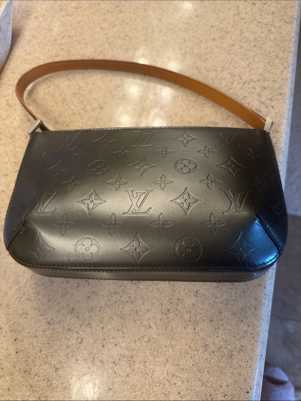 Louis Vuitton Black Embossed Monogram Leather Shoulder Bag with Tan Strap
